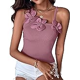 Women's Summer Tank Tops with 3D Floral Beaded Knit Ribbed U-Neck Tank Tops Sleeveless Casual Slim Fit Cami Shirts