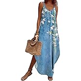 Zeagoo Women's Casual Sundress Summer Maxi Sleeveless V Neck Split Boho Beach Dress Travel Vacation Dress with Pockets