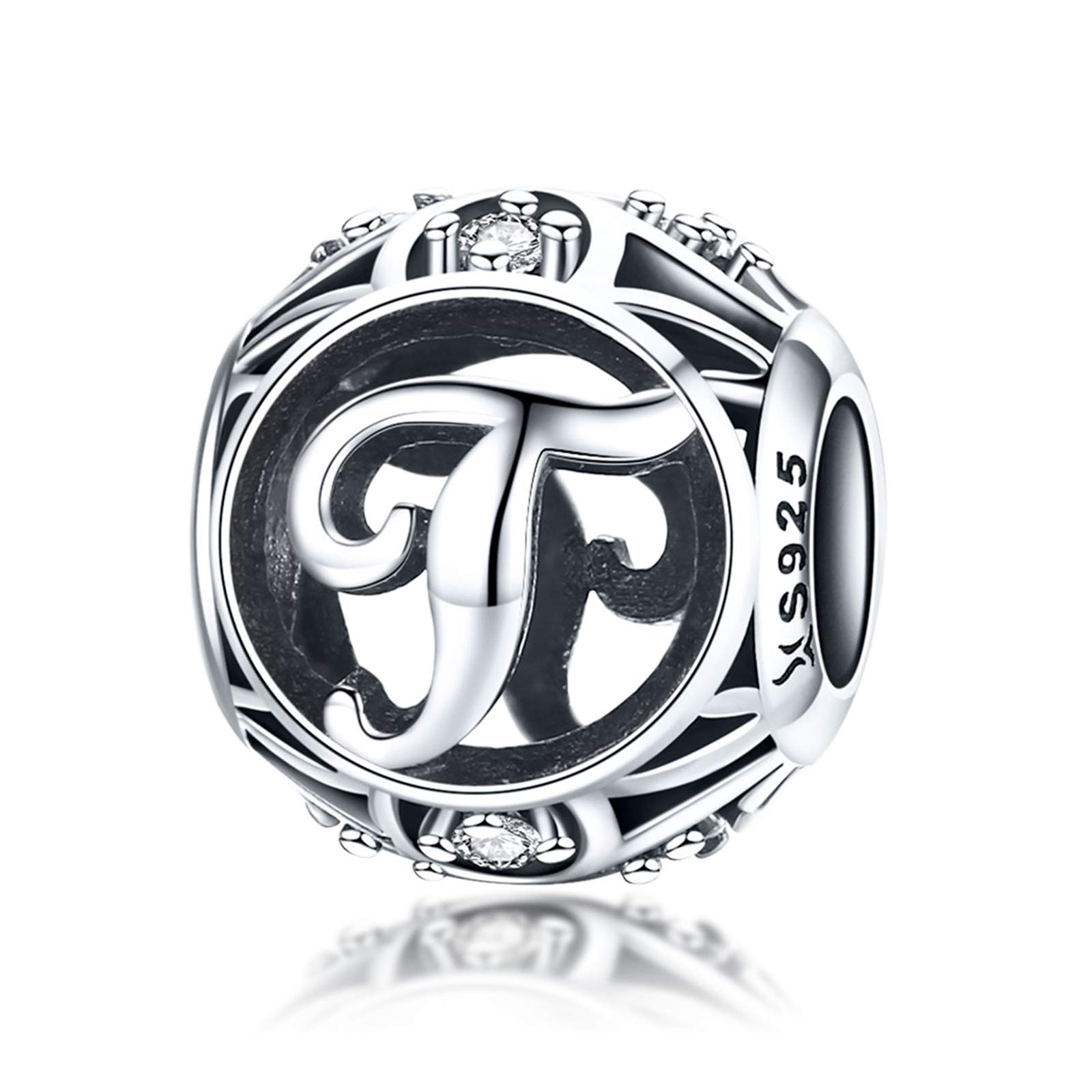 LaMenars Letter Dangle Bead Charms Initial Alphabet A-Z 925 Sterling Silver Zirconia fits European Charm Bracelets & Necklaces