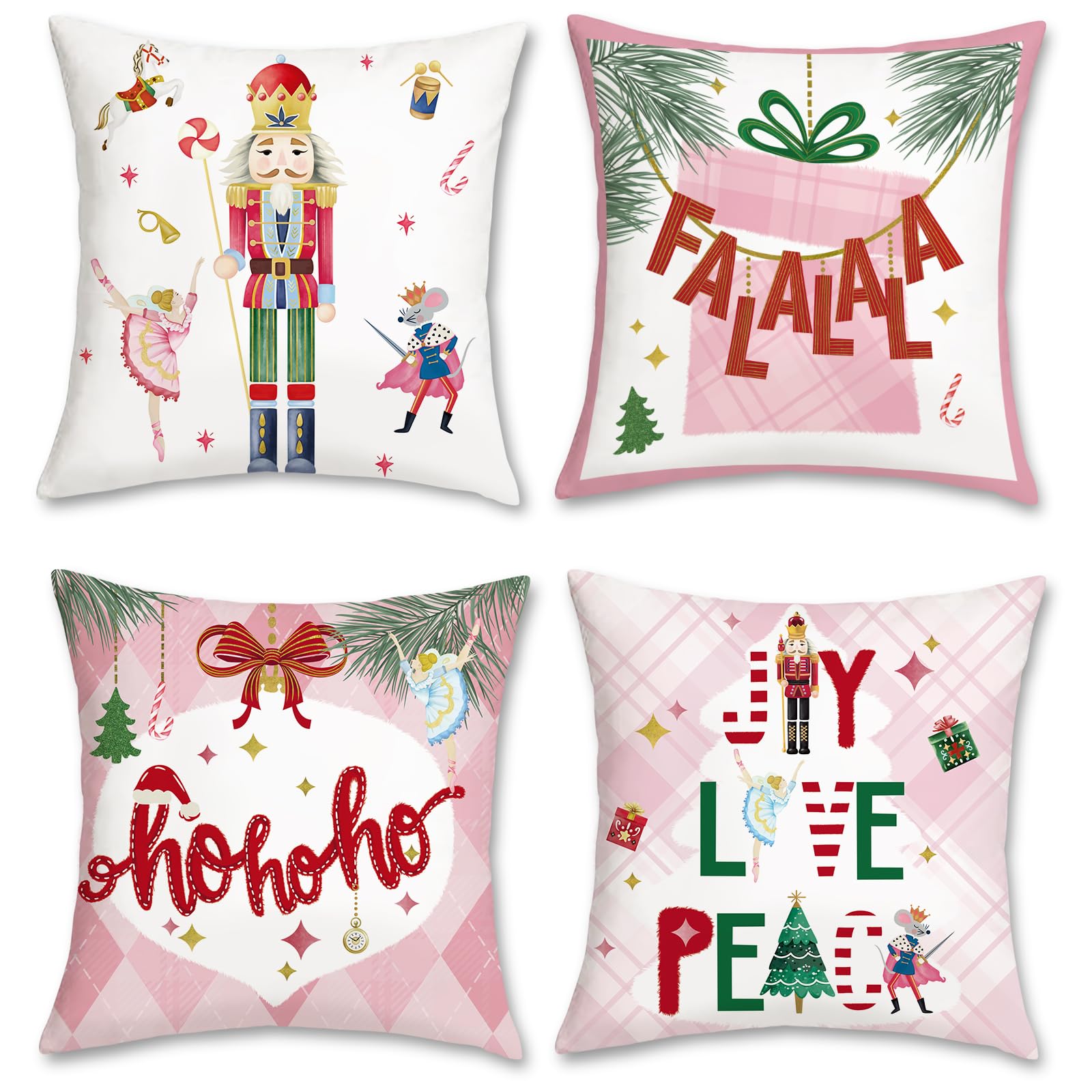 Bonhause Christmas Nutcracker Cushion Covers 45 x 45 cm Xmas Holiday Party Decorative Throw Pillow Covers Pink Pillowcases for Sofa Bed Home Winter Decor Set of 4