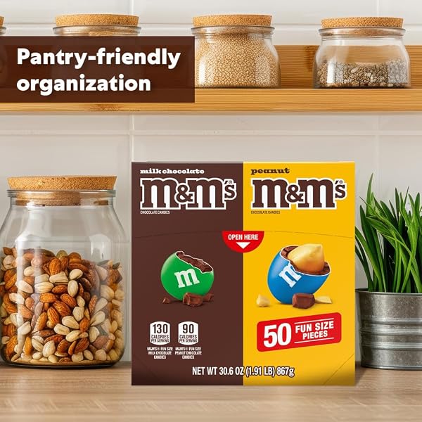 M&M’S MILK CHOCOLATE & M&M’S PEANUT FUN SIZE CANDY INDIVIDUALLY WRAPPED MILK CHOCOLATE VARIETY PACK PANTRY CUBE EASY OPEN AND CLOSE DISPENSER FOR CONVENIENT SNACKING, 50 CT BULK BOX