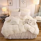 LIFEREVO Luxury Plush Shaggy Duvet Cover Set, Soft Velvet Fluffy Furry Duvet Cover Set(1 Ivory Faux Fur Fuzzy Comforter Cover+2 Pompoms Pillowcases)Solid Bedding Set, Zipper Closure(King, Light Beige)