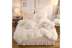 LIFEREVO Luxury Plush Shaggy Duvet Cover Set, Soft Velvet Fluffy Furry Duvet Cover Set(1 Faux Fur Fuzzy Comforter Cover + 2 Pompoms Pillow Cases) Bedding Set, Zipper Closure(Full/Queen, Light Beige)