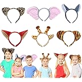 Splolowil 6-Piece Animal Headbands - Jungle Safari Party Favors - Wild Animal Hair Hoop for Kids & Adults - Cosplay & Birthday Theme - Giraffe & Tiger Ears