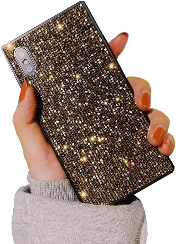 Luxury Bling Square Phone Case for iPhone Xs Max Sparkle Glitter Trunk Air Corner Shockproof Back Cover Casing (Gold, iPhone Xs Max 6.5'')