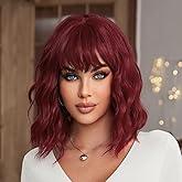ATAYEA Red Wig with Bangs Short Wavy Wigs for Women Wine Red Curly Shoulder Length Bob Wig Synthetic fiber Wigs for Cosplay Party Daily Use (14 Inch)