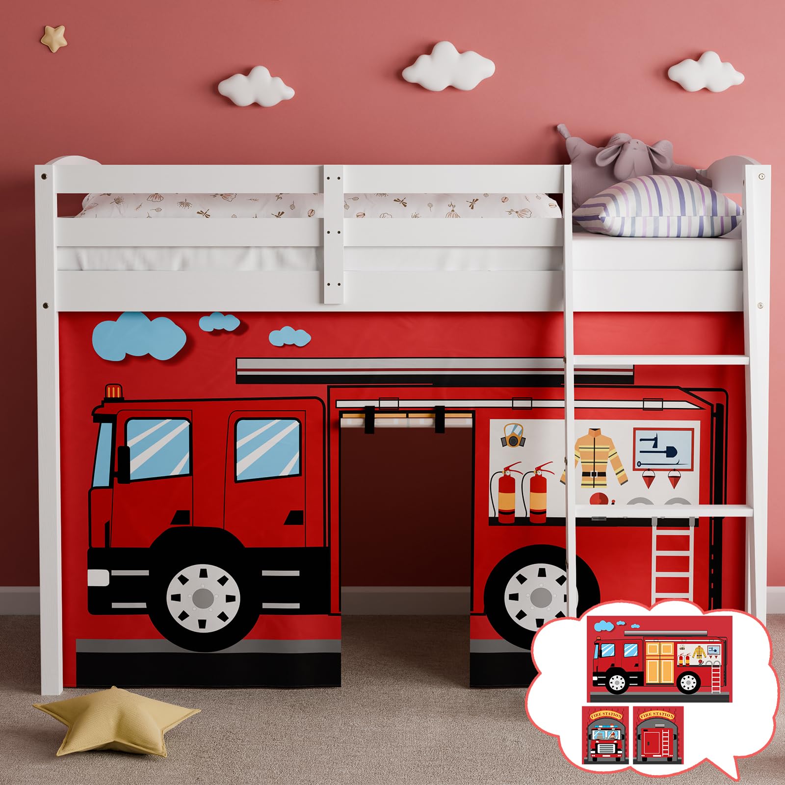 Photo 1 of YRDKB Fire-Truck Bunk Bed - Curtains Premium and Customizable Cartoon Loft Bed Curtains for Children to Enhance The Imaginative Creation Bedroom Curtains(3PCS,Full)