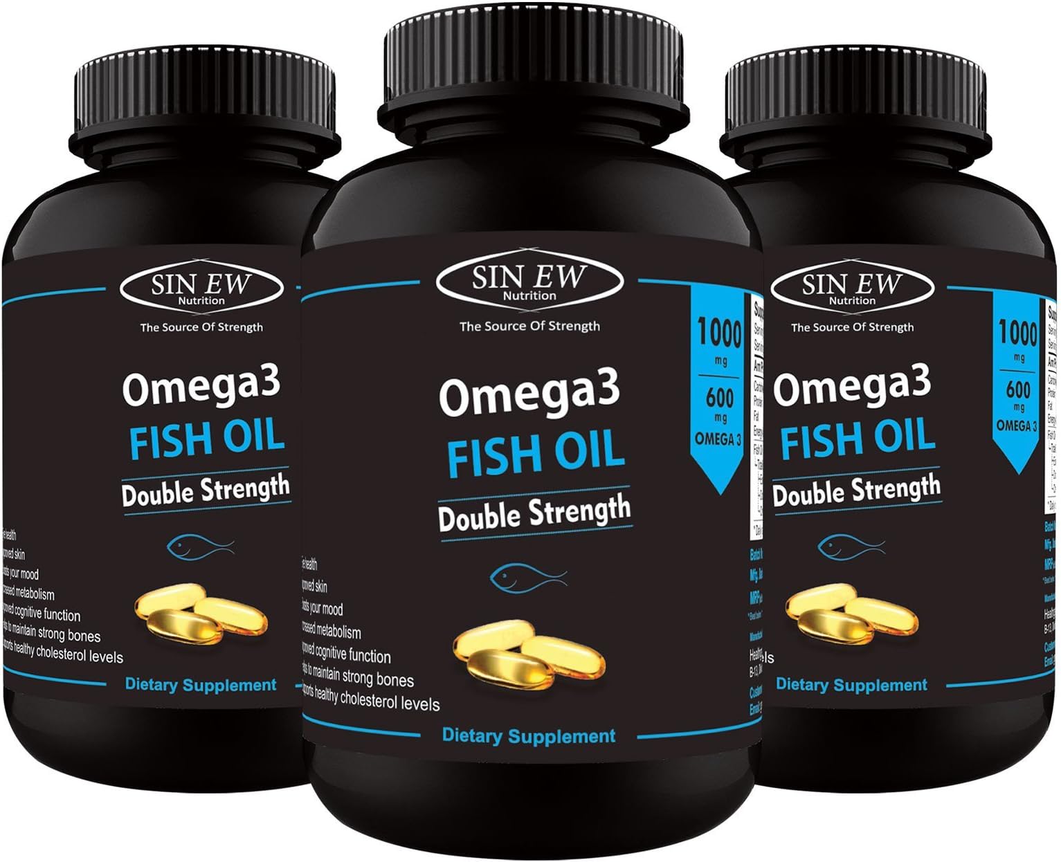 Sinew Nutrition Omega 3 Double Strength Fish Oil 1000mg (300EPA & 200DHA), 60 Softgels (Pack of 3)