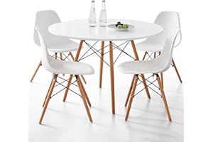 Lecafur HL 5-Piece Round Dining Table Set, Small 35.5" Kitchen Table Chairs Set of 4 Space Saving Furniture, Plastic Seats, Solid Wood Legs, for Living Room Apartment Office Home, White