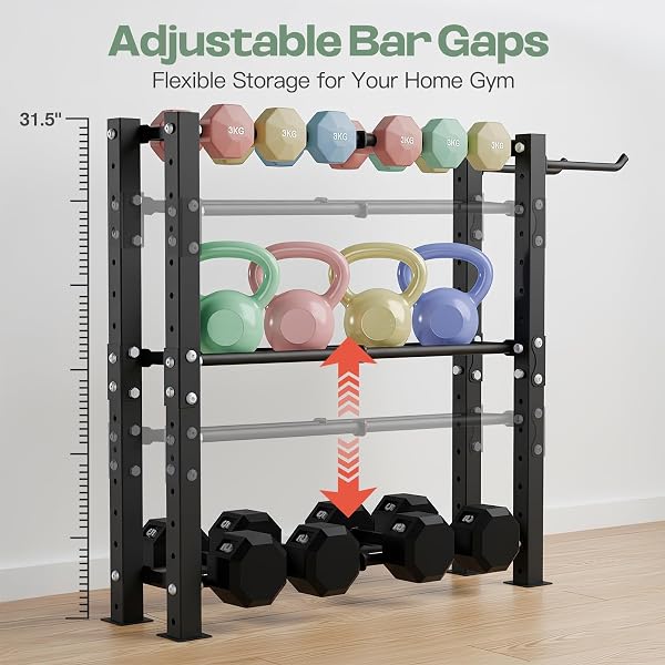 3-TIER DUMBBELL RACK FOR WOMEN, AESTHETIC HOME GYM STORAGE FOR WEIGHT SET, KETTLEBELLS & YOGA BALL, VERSATILE WORKOUT EQUIPMENT ORGANIZER WITH SIDE HOOKS, SPACE-SAVING