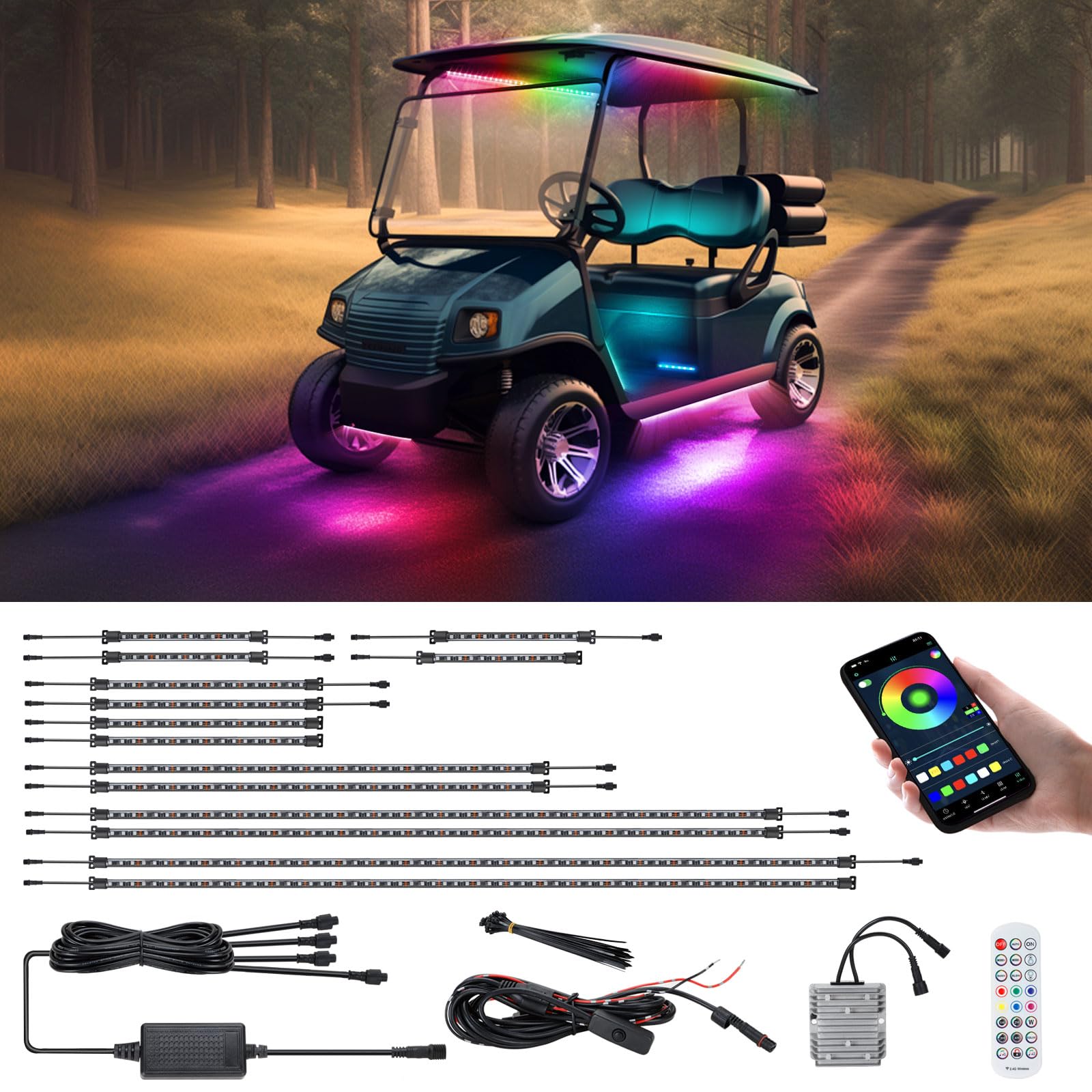 Photo 1 of Roykaw Golf Cart Underglow LED Strip Lights Accent Neon Lighting Kit w/Canopy, Wheel Well & Interior Lights for EZGO Yamaha Club Car, Million Colors/Waterproof IP68/Sync to Music, Fits 12V-80V, 14PCS
