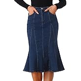 Allegra K Women's Ruffle Denim Skirt Midi Bodycon High Waist Fishtail Jean Skirts