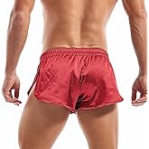 AMY COULEE Mens Sexy Satin Shorts Large Split Side Boxers Silky Pajamas Sleepwear with Pouch Liner