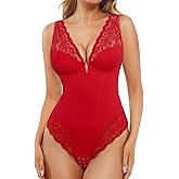 Popilush Lace Body Suits Women Deep V Neck Tummy Control Thong Shapewear Bodysuit Going Out Corset Tops