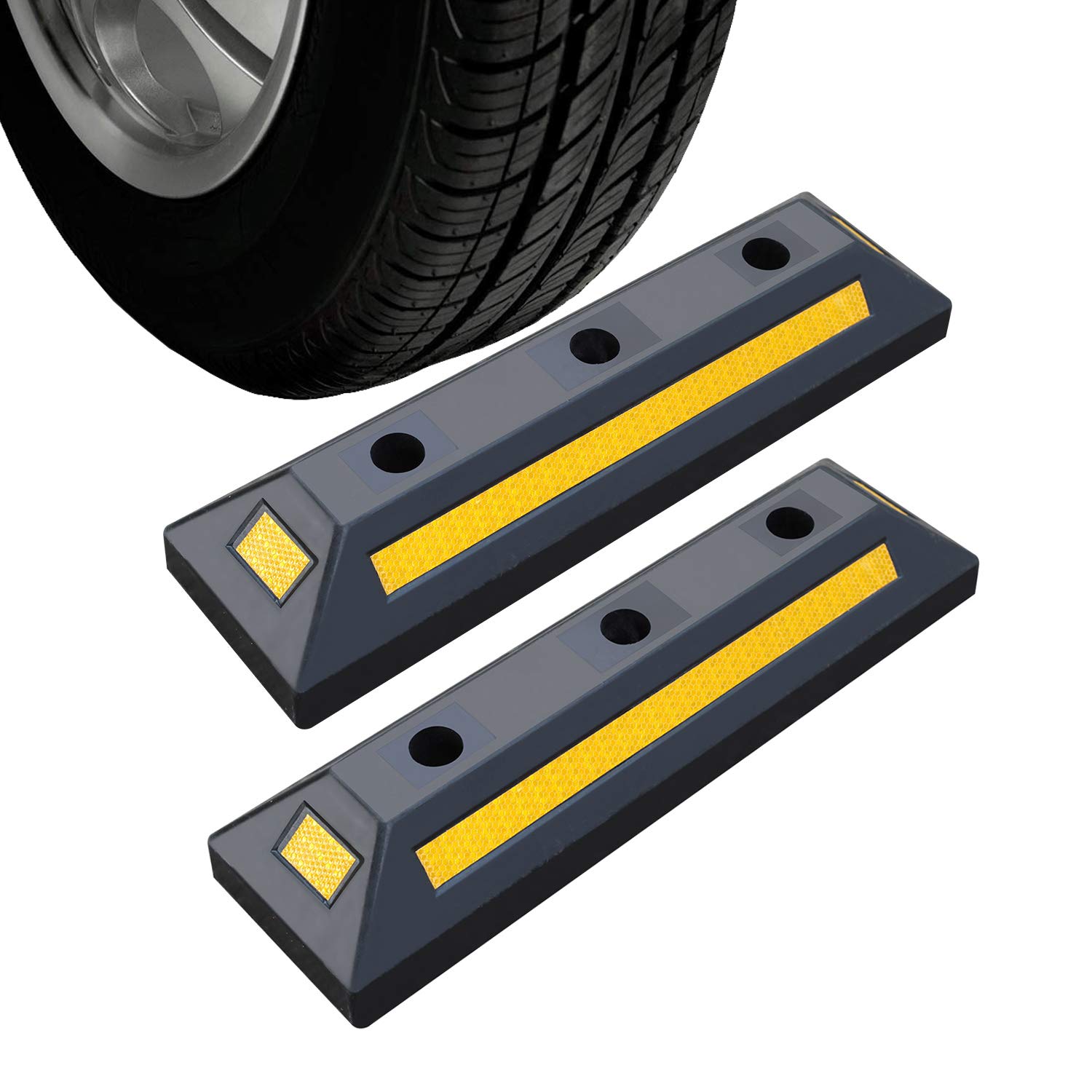 2 Pack Heavy Duty Rubber Parking Blocks Wheel Stop for Car Garage Parks Wheel Stop Stoppers Professional Grade Parking Rubber Block Curb w/Yellow Refective Stripes for Truck RV, Trailer 21.25"(L)