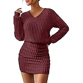 Oakgarden Women's Pullover Sweater Dress Long Lantern Sleeve Ribbed Knit V Neck Ruched Bodycon Mini Dress 2025 Fashion