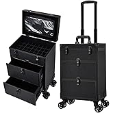 Professional 3 in 1 Rolling Makeup Case Cosmetology Case on Wheels 2 Large Drawer Nail Case Trolley Traveling Cosmetic Train Case with Makeup Pouch for Artists Nail Technician Salon Cart Trunk Black