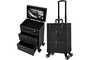 COSTRAVIO Professional 3 in 1 Rolling Makeup Case Cosmetology Case on Wheels 2 Large Drawer Nail Case Trolley Traveling Cosmetic Train Case with Makeup Pouch for Artists Nail Technician Salon Cart Trunk Black