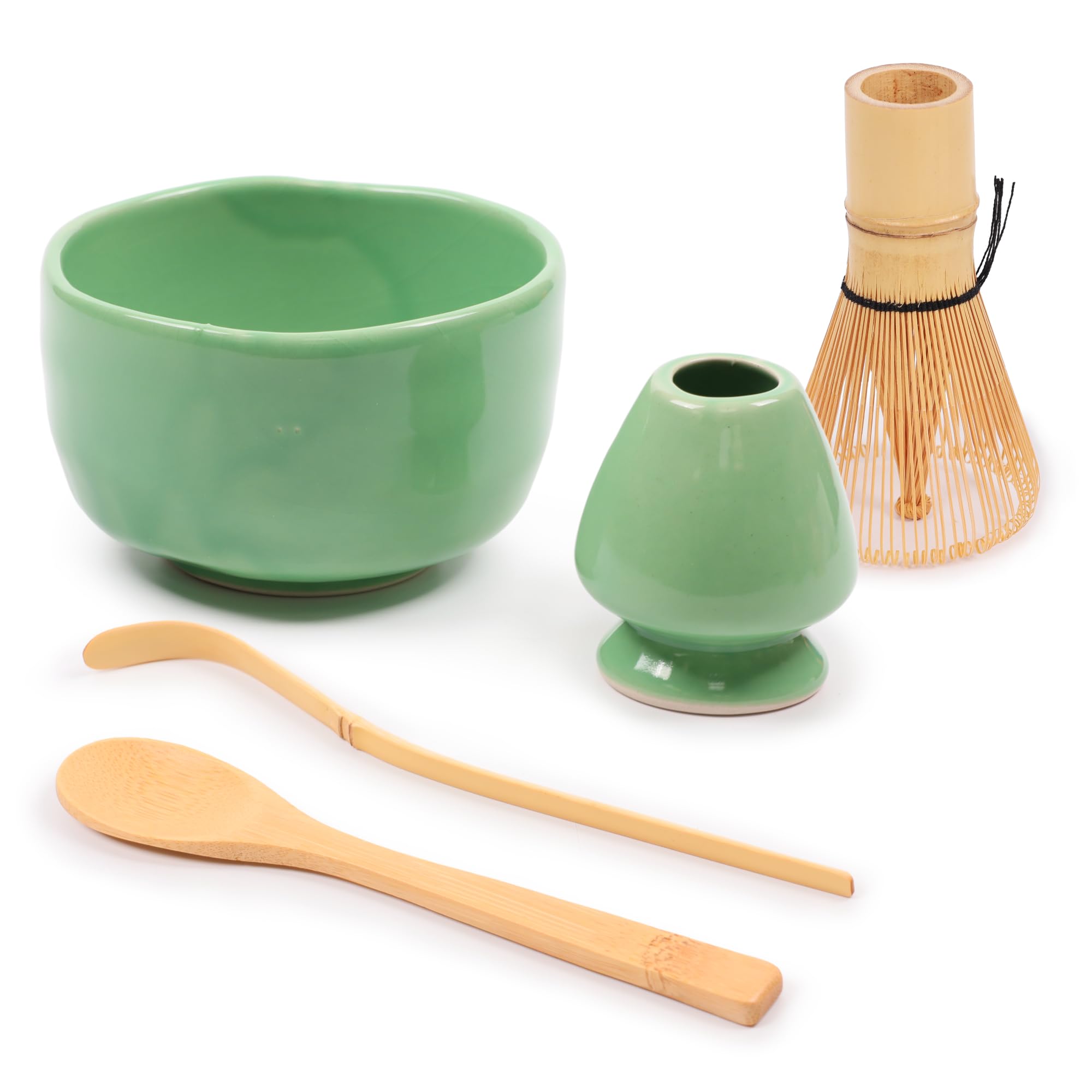 BambooMN Brand - Matcha Bowl Set (Includes Bowl, Rest,Tea Whisk, Chasaku, Tea Spoon) 1 Set Soft Light Green