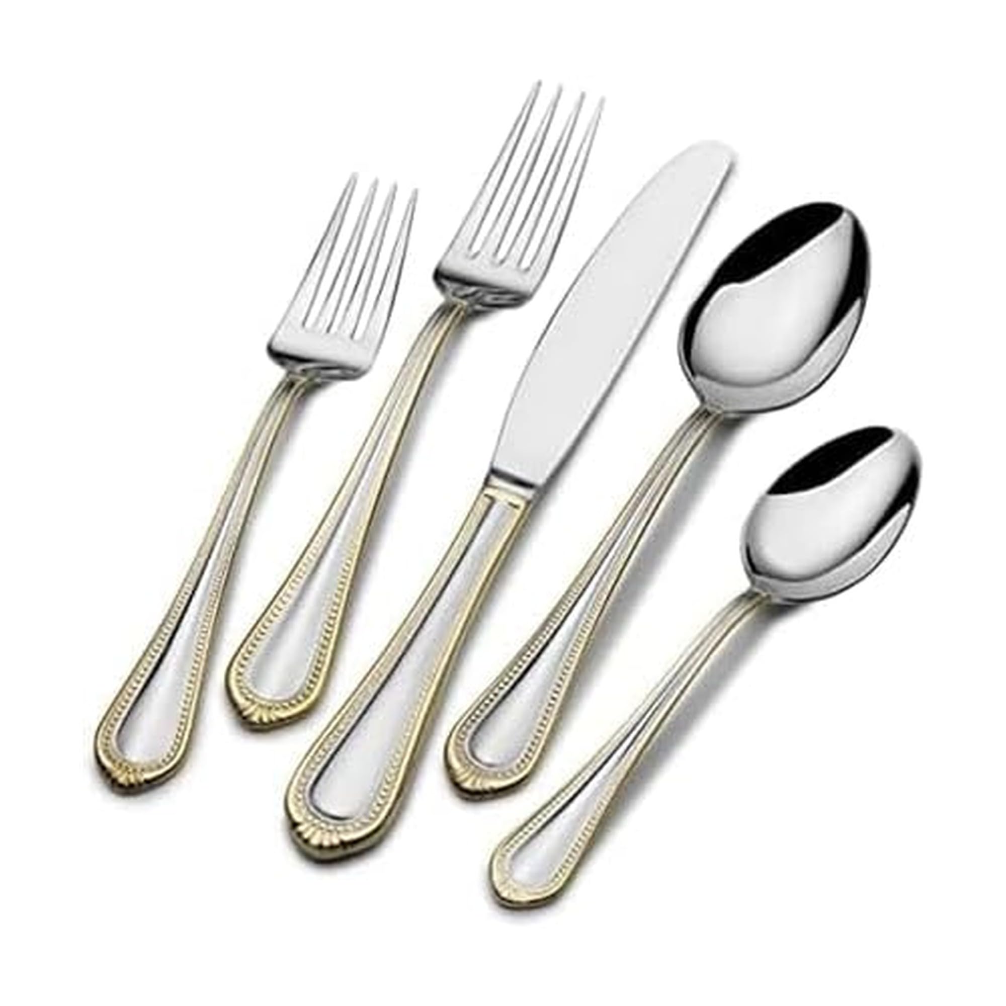 Mikasa, Gold Accent Regent Bead Flatware Service for 12, 65 Piece Set, 18/10 Stainless Steel, Silverware Set with Serving Utensils Image
