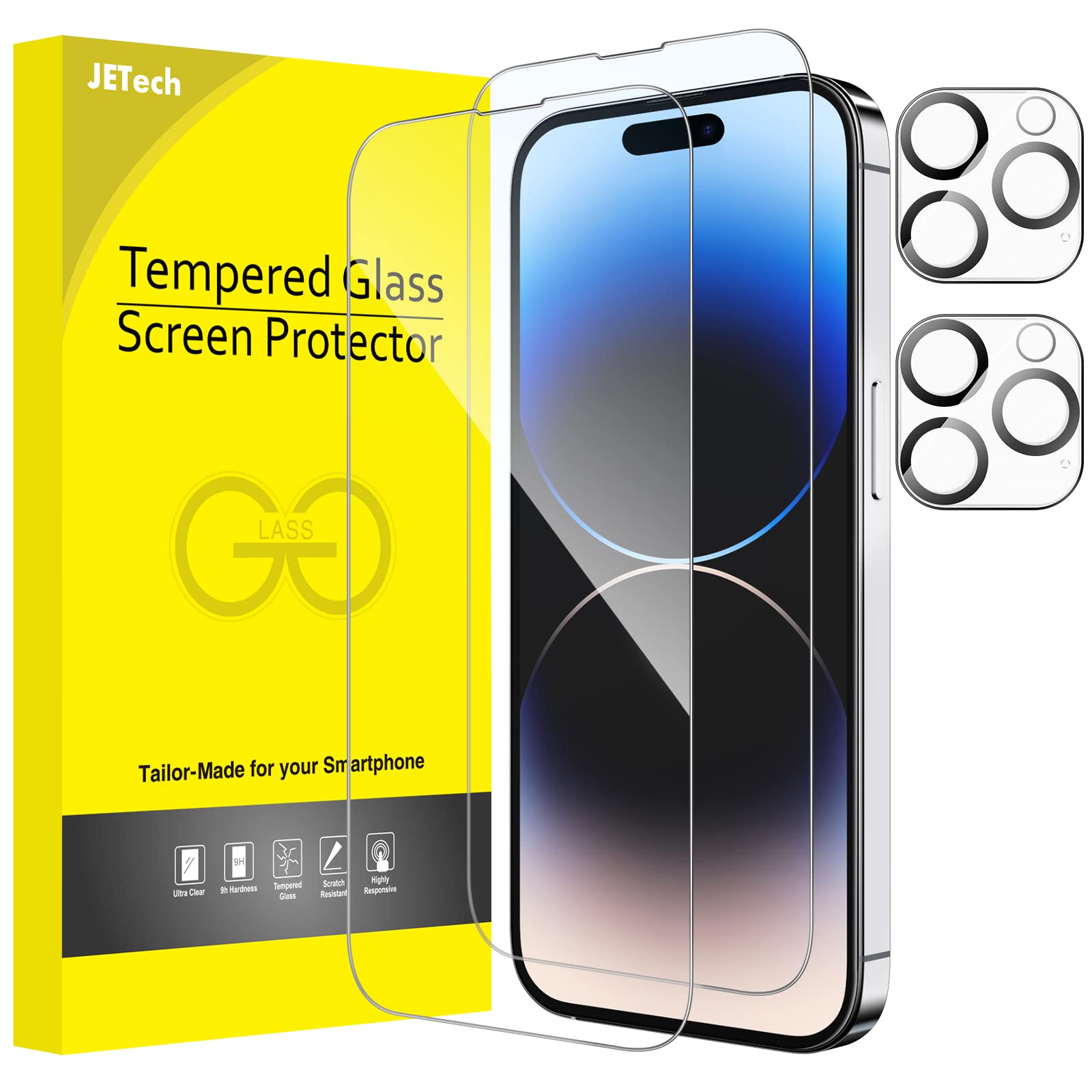 JETech Full Coverage Screen Protector for iPhone 14 Pro 6.1-Inch with Camera Lens Protector, Tempered Glass Film, HD Clear, 2-Pack Each — image 1