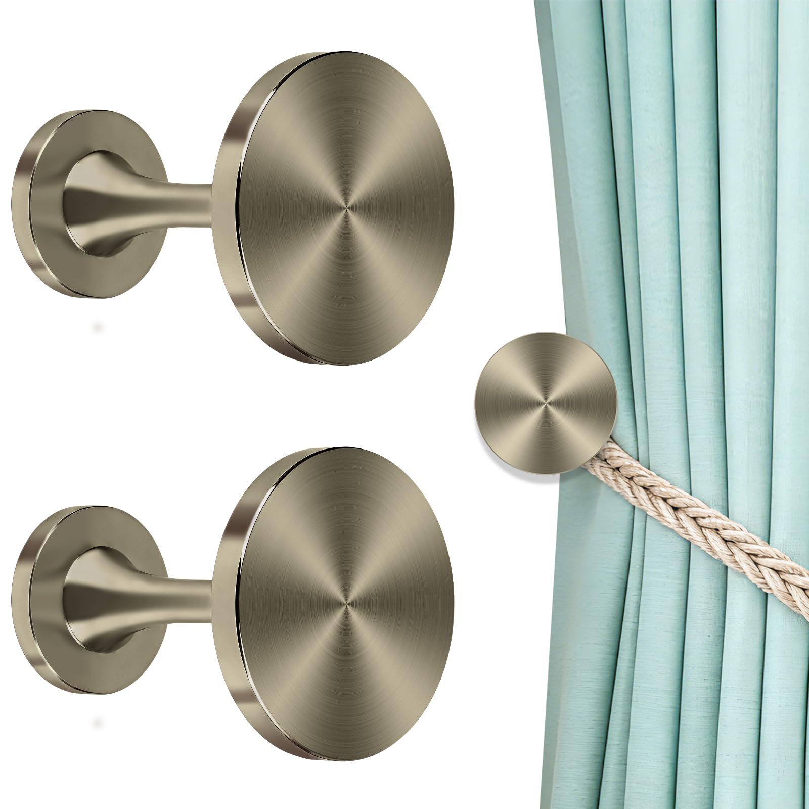 KOLAKO Curtain Holdbacks, Metal Curtain Tie Backs Hooks Antique Brass Modern Decoative Wall Mount Window Drapery Holders Hanger, Curtain Hold Backs Pair (Round Medallion)