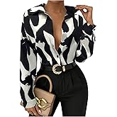 WDIRARA Women's Graphic Button Down Shirts Cow Printed Long Sleeve Collared Blouse Tops