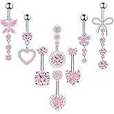 BSJ4U 8Pcs Gold Pink Silver Belly Button Ring Dangle Navel Belly Piercing Jewelry Cute CZ Butterfly Heart Flower Bow Navel Belly Rings for Women 14G Hypoallergenic Surgical Stainless Steel Dainty Dangling Dangly Belly Button Piercing Pack