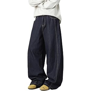 Men's Baggy Wide Leg Jeans Premium Black Raw Denim Streetwear Loose Fit Straight Casual Pants with Pleat Details