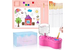 YOUMAYSTORY Painting Station, Silicone Painting Mat and Paint Brush Cleaner, 20"X16" Silicone Art Mat with 10 Paint Brushes, Paint Brush Rinser, Art Painting Supplies Set (Pink)