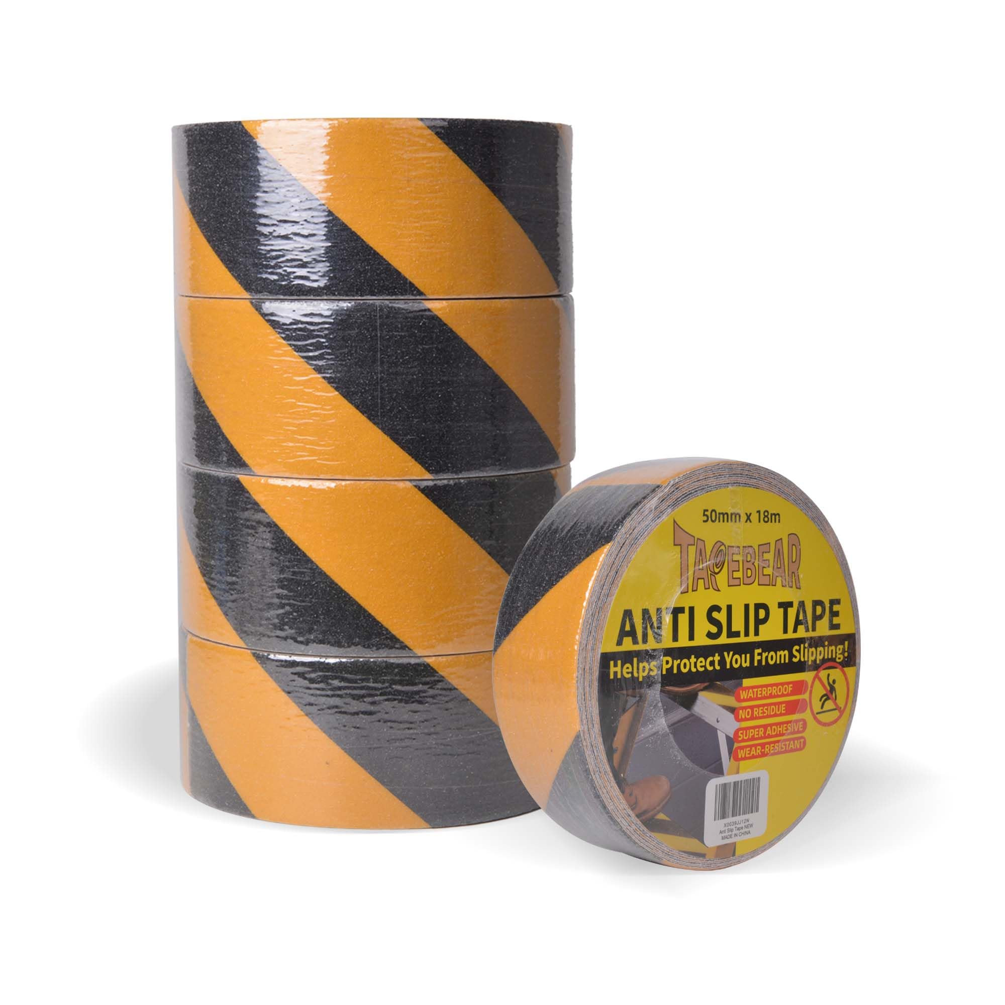 TAPEBEAR Anti Slip Tape Black And Yellow, 5 Rolls Hazard Safety Tape, Non Slip Caution Tape Roll, Nonslip Warning Floor Tape For Indoor Outdoor Steps Stairs, Strong Grip, 2inch X 60feet(50mmx18m)
