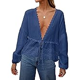 Tankaneo Womens Deep V Neck Tie Front Blouse Cotton Long Puff Sleeve Eyelet Tops Cute Lace Trim Flowy Ruffle Shirts