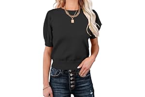 MACNOORA Womens Puff Short Sleeve Sweater Tops Crewneck Basic Knit Pullover Lightweight Solid Casual Sweaters Blouse