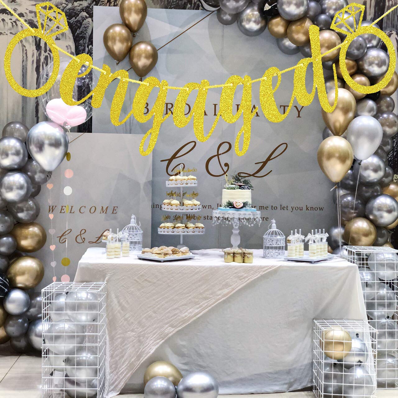Engagement Party Decorations - Extra-Large Engaged Banner Gold Glittery Letters and Diamond Ring, Engagement, Bridal Shower Party Decorations