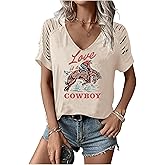 Wudlads Retro Cowboy Graphic T Shirt for Women Vintage Country Music Hollowed Short Sleeve Shirts Summer V Neck Casual Tops