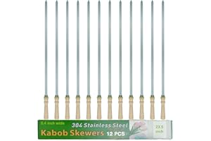 JOWHONK 23.5" Large Skewers for Grilling,304 Stainless Steel 0.4 inch Wide Kabob Skewers with Wooden Handle,Heavy-Duty Flat Metal Kebab Skewer,BBQ Barbecue Skewer Reusable for Outdoor Grill-12PCS