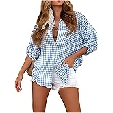 SweatyRocks Women's Roll Up Long Sleeve Button Down Gingham Plaid Shirts Top Casual Collared Blouses