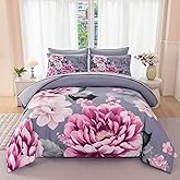 ZSYAYAHA King Size Floral Bedding Set Women Pink Flower Printed on Gray Bed in A Bag Cozy Elegant 7 Pieces Peony Botanical Comforter with Sheets Set(Gray, King)