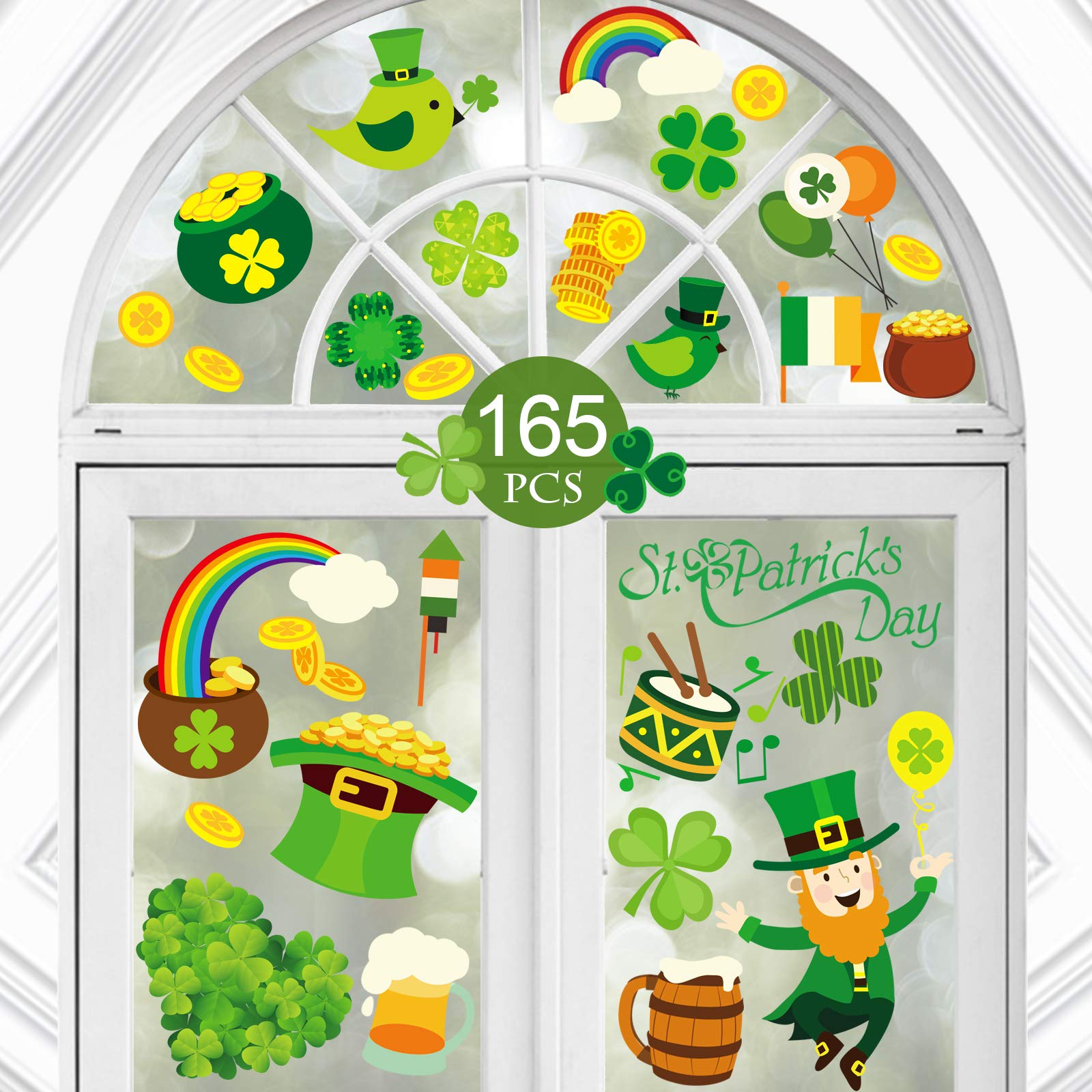 165PCS St. Patrick's Day Stickers, Kalolary Irish Party Shamrock Window Stickers Clings Decorations Static Window Sticker Decals w/Shamrock Green Hat Shoes Gold Coins (8 Sheet)