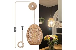 FRIDEKO HOME Woven Rattan Hanging Lights with Plug in Cord - 15ft Plug in Pendant Light Hanging Lamps That Plug Into Wall Outlet with On Off Switch for Kitchen Island Bedroom Living Room Farmhouse