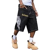 VIPWOLF Men's Y2K Graphic Embroidered Hip Hop Jean Shorts Goth Loose Wide Leg Baggy Denim Shorts Long Jorts