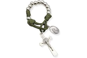 Nazareth Store Olive Military One Decade Paracord Rosary Silver Beads Pocket Car Rosary Pray For Us St. Joseph Medal & St. Benedict Cross