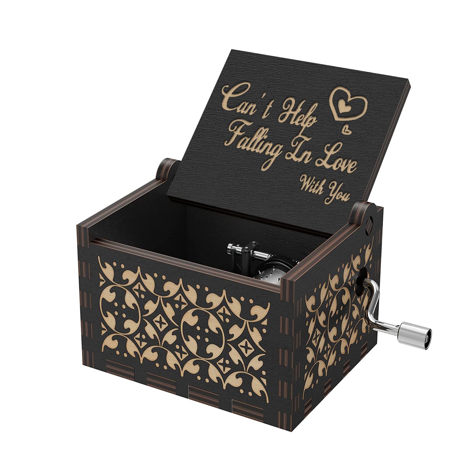 Photo 1 of "Can't Help Falling in Lov"Hand Crank Music Box Vintage Wood Engraved Musical Gift for Her/Him, Romantic Love Valentine's Day, Anniversary, Birthday Present for Wife, Husband, Girlfriend, Boyfriend