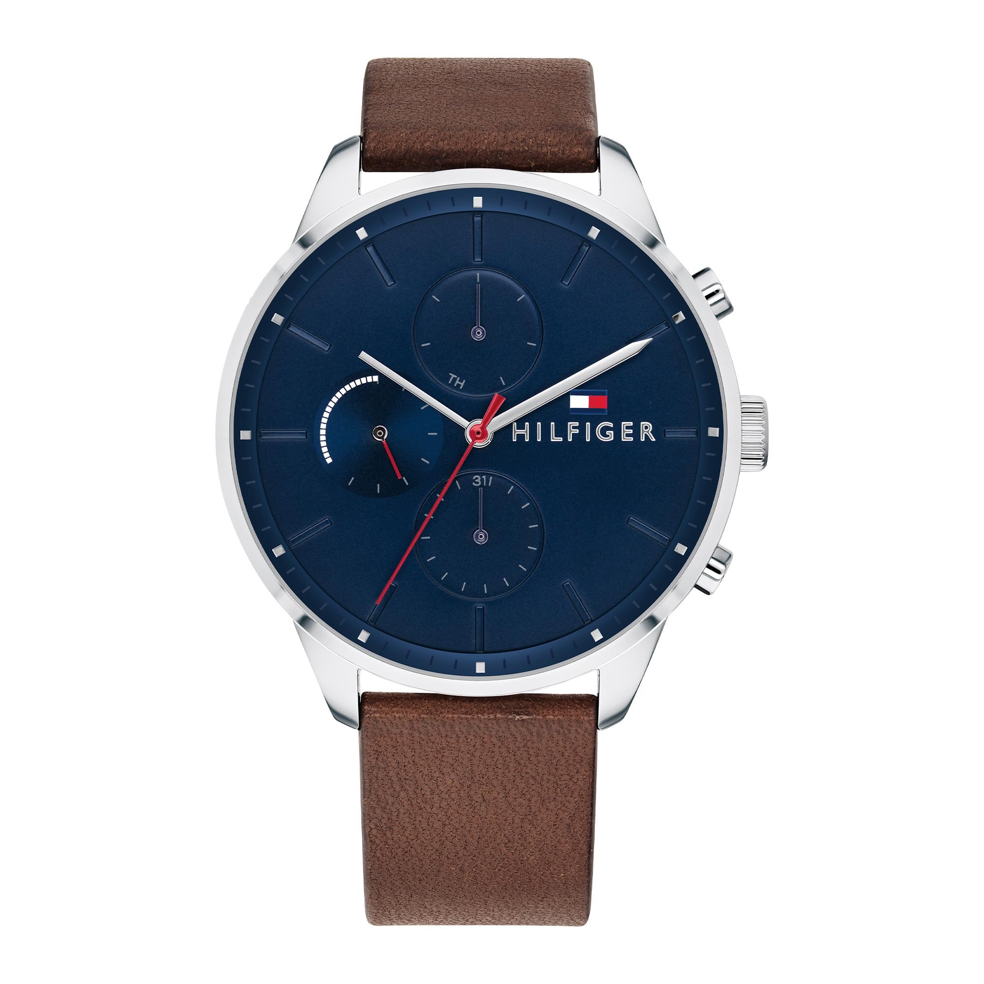 Tommy Hilfiger Men's Analogue Multifunction Quartz Watch - Brown Leather Strap, 44mm Navy Dial, 3-Hand Movement, Water Resistant 5ATM - 1791487