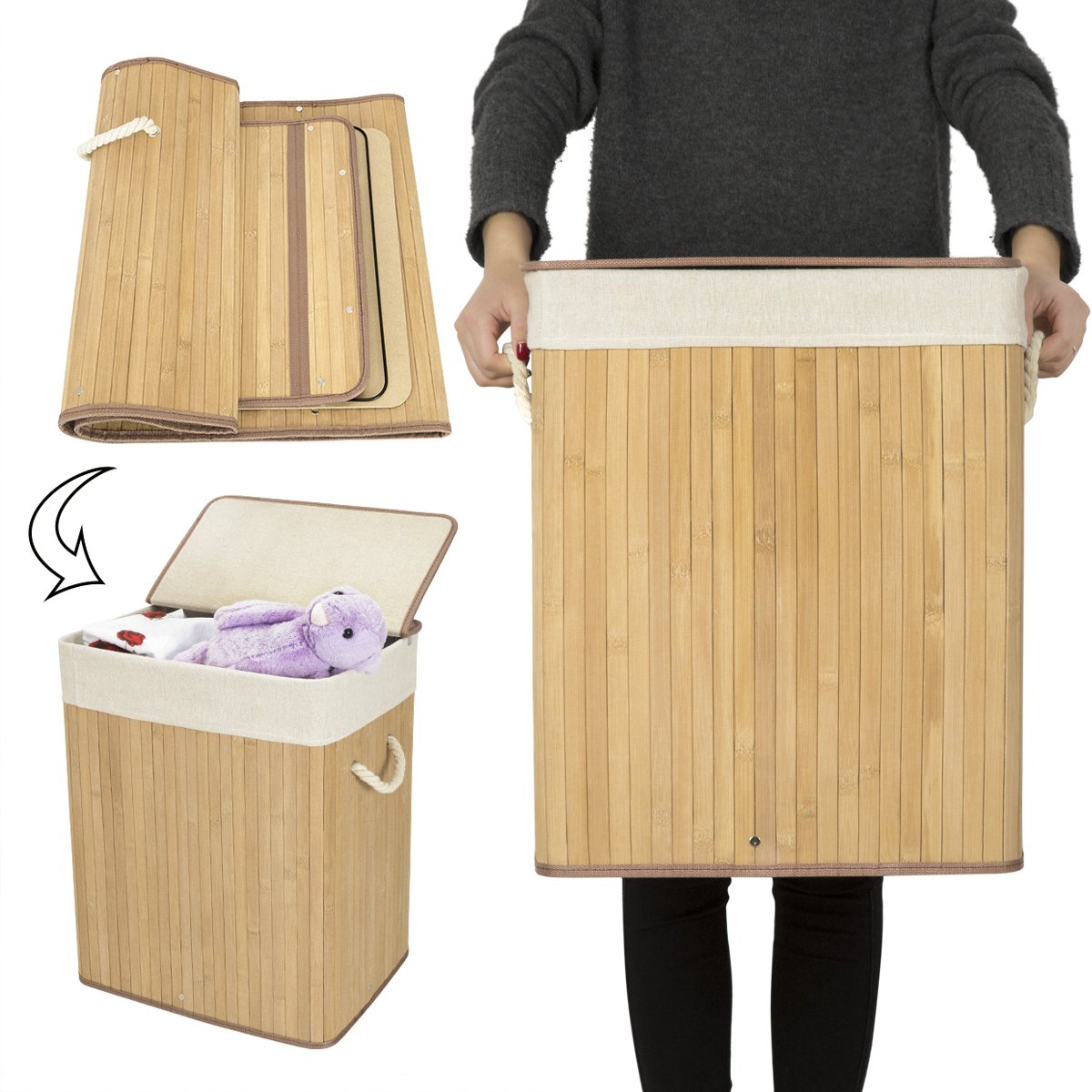 WOWLIVE Bamboo Laundry Hamper with Lid Handles Laundry Basket Dirty Clothes Laundry Hamper Sorter Rectangular Collapsible Organizer