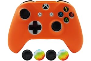 Hikfly Silicone Controller Cover Skin Protector Case Faceplates Kits for Xbox One X/One S/Slim Controller with 4pcs Thumb Grips Caps(Orange)