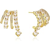 Triple Hoop Illusion Stud Earring for Women – 14K Gold Plated Unique Diamond Huggie Stud Earrings for One Piercing – Faux Multi Hoops Design, Hypoallergenic Fashion Jewelry Earrings