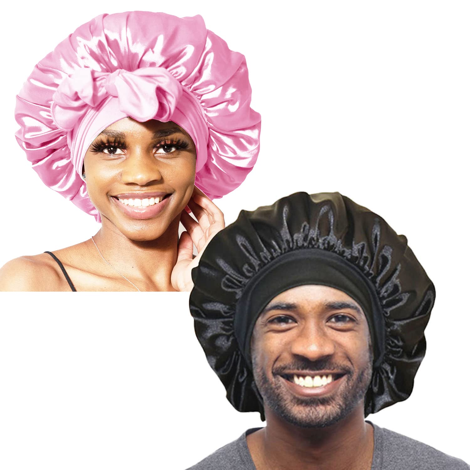 Bonnet Queen 2Pcs Pack Satin Bonnet Silk Bonnet for Sleeping Hair Bonnet with Tie Band Sleep Bonnet Night Cap for Women Curly Hair