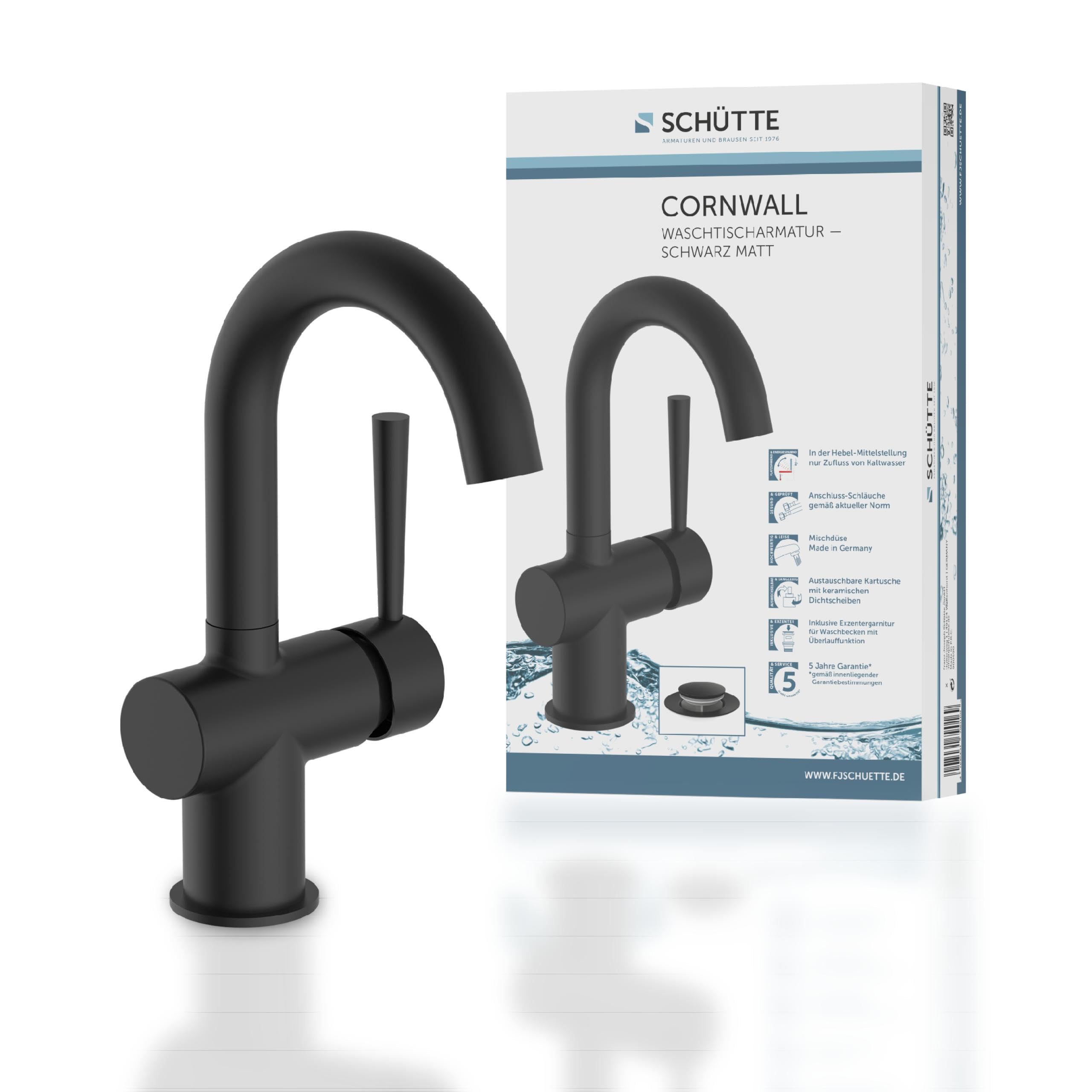 SCHÜTTE Cornwall 79016 Washbasin Tap with High Spout, Bathroom Tap with Pop-Up Eccentric Bathroom Mixer Tap in Matte Black
