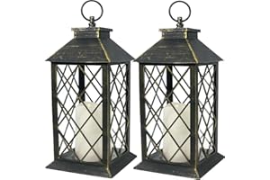 Bright Zeal 2-Pack 13.5" Vintage Candle Lantern with LED Candle (Distressed Gold, 6hr Timer) - IP44 Waterproof Outdoor Hanging Lanterns Battery Powered - Tabletop Lantern Decorative Home Lanterns